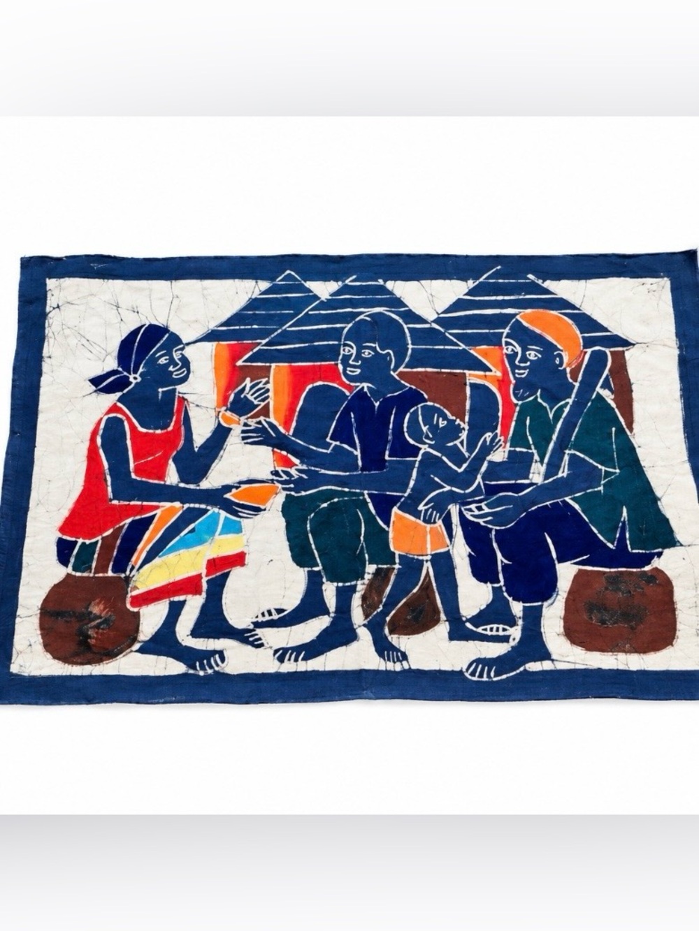 Vintage African Batik Fabric Wall Art - Village Scene Tapestry (27.5”x19”)